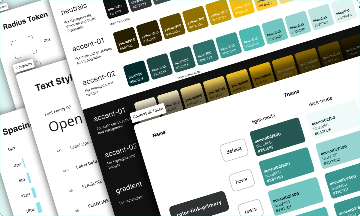 Designsystem mit Token für Schriften, Farben, Abstände und Radien