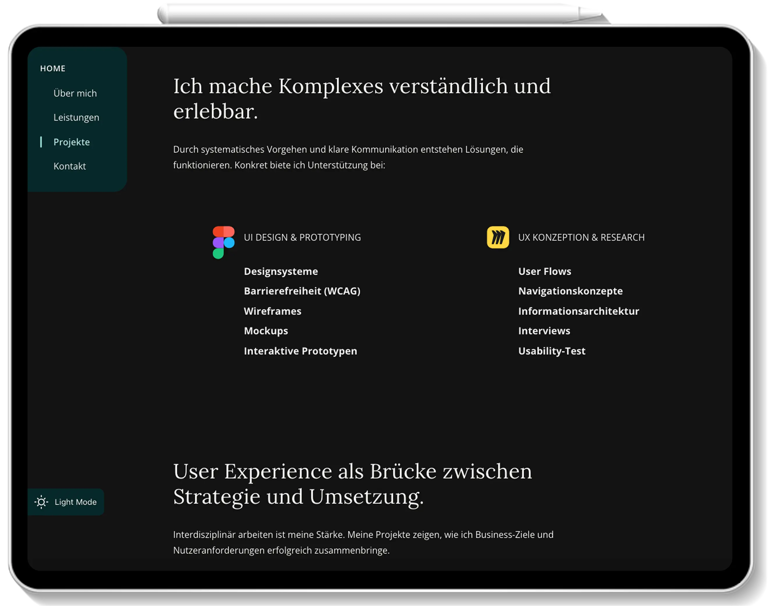 Tablet zeigt Dark Mode der Portfolio-Website